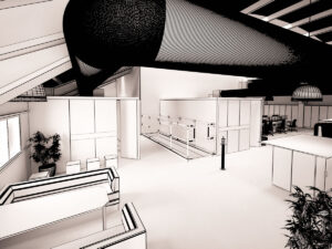 Mesh drawing, different angle, showing an initial 3D representation of the space