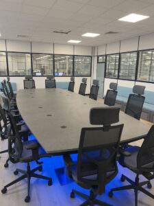 Boardroom table with chairs, LED lighting - blue