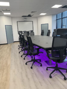 Boardroom table with chairs, LED lighting - purple