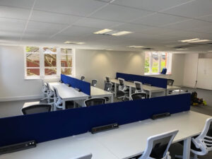 Workspace, desks with partitions
