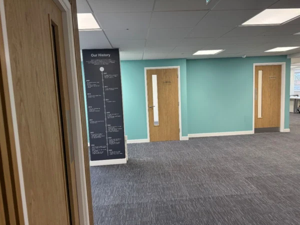 Reception area with company timeline